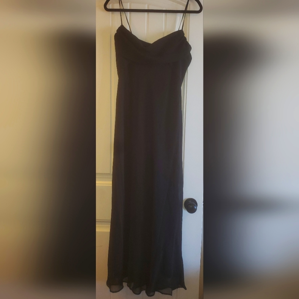 Black gown, sheer overlay with crepe drape front & top sides, spaghetti strap